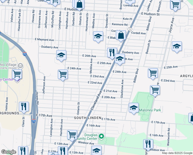 map of restaurants, bars, coffee shops, grocery stores, and more near 1286 East 22nd Avenue in Columbus