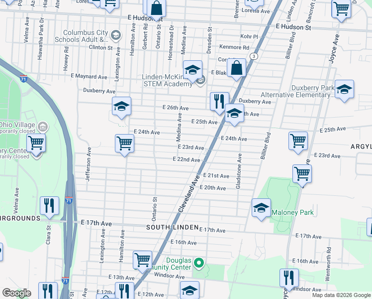 map of restaurants, bars, coffee shops, grocery stores, and more near 1286 East 22nd Avenue in Columbus