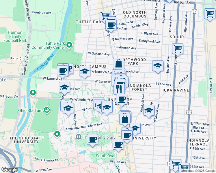 map of restaurants, bars, coffee shops, grocery stores, and more near 23 Curl Dr in Columbus