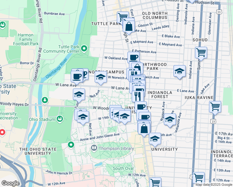 map of restaurants, bars, coffee shops, grocery stores, and more near in Columbus