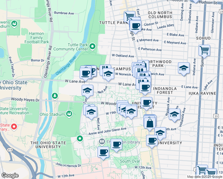 map of restaurants, bars, coffee shops, grocery stores, and more near 146 West Woodruff Avenue in Columbus