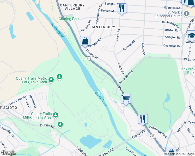 map of restaurants, bars, coffee shops, grocery stores, and more near 2550 Shore Line Lane in Columbus