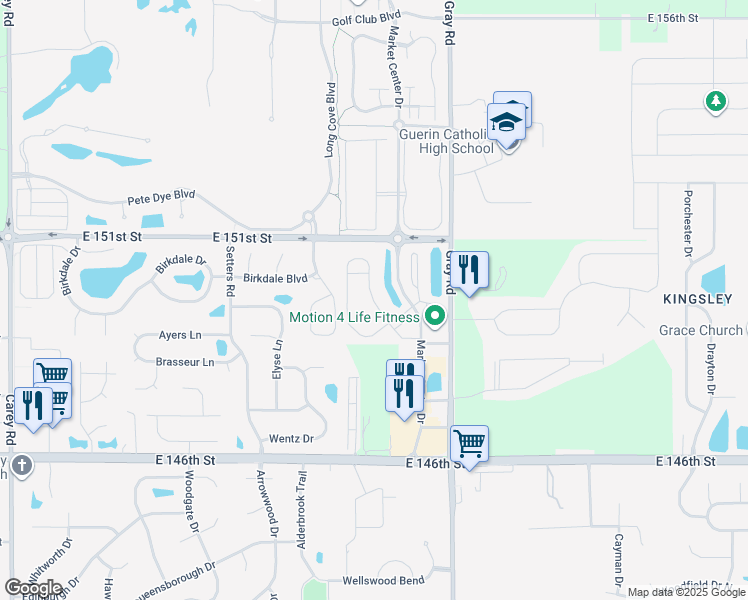 map of restaurants, bars, coffee shops, grocery stores, and more near 14925 Riverdale Drive East in Carmel