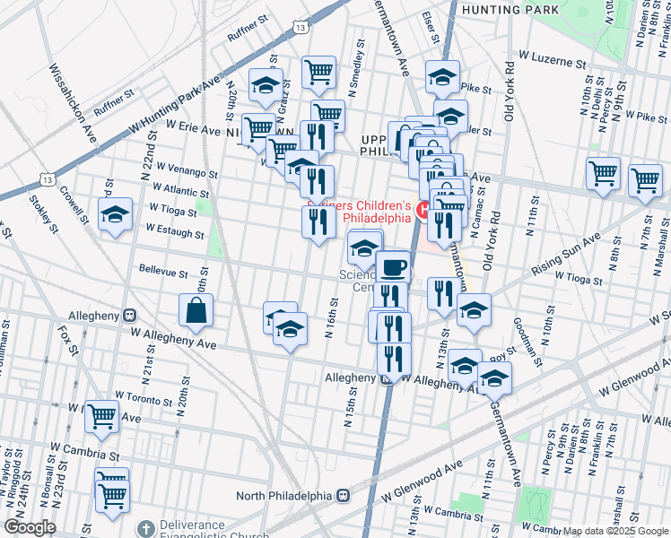 map of restaurants, bars, coffee shops, grocery stores, and more near 3414 North 16th Street in Philadelphia