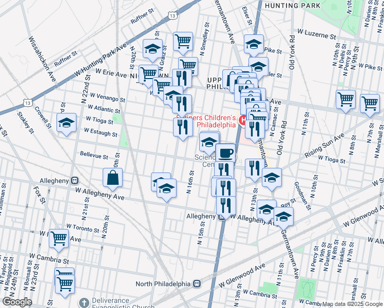 map of restaurants, bars, coffee shops, grocery stores, and more near 3414 North 16th Street in Philadelphia