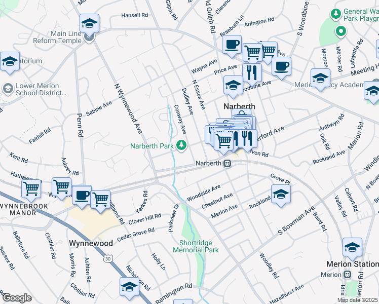 map of restaurants, bars, coffee shops, grocery stores, and more near 122 Conway Avenue in Narberth