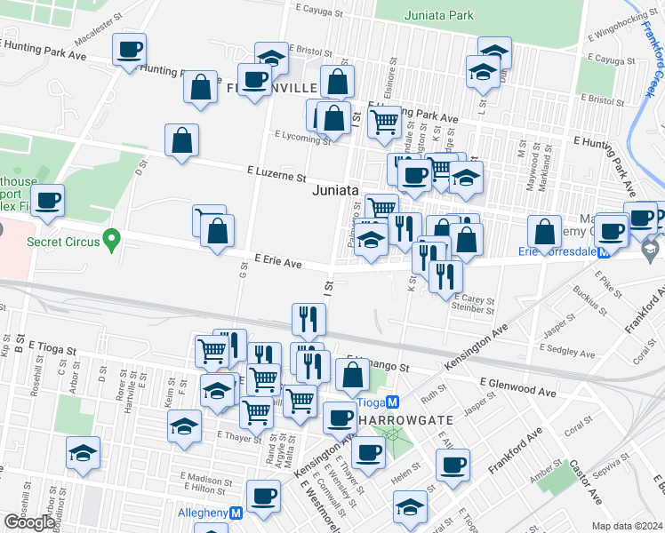 map of restaurants, bars, coffee shops, grocery stores, and more near 3805 I Street in Philadelphia