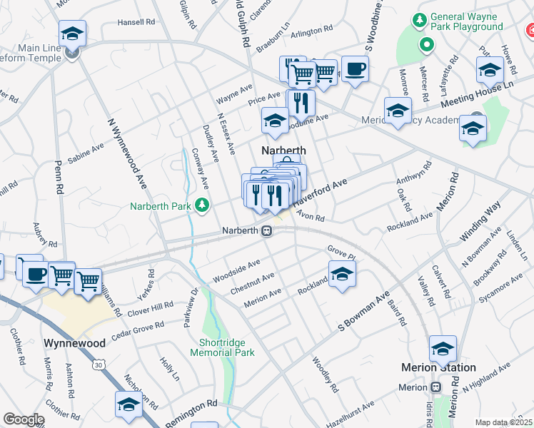 map of restaurants, bars, coffee shops, grocery stores, and more near 220 Haverford Avenue in Narberth