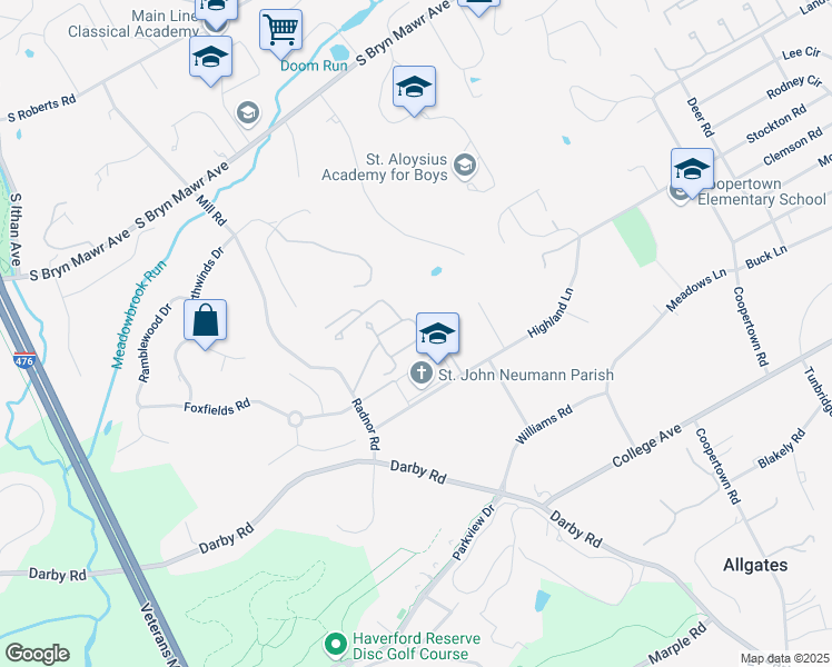 map of restaurants, bars, coffee shops, grocery stores, and more near 42 Parkridge Drive in Bryn Mawr