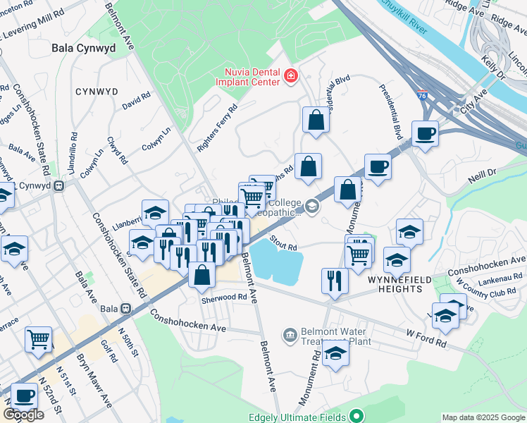 map of restaurants, bars, coffee shops, grocery stores, and more near 225 U.S. Route 1 in Bala Cynwyd