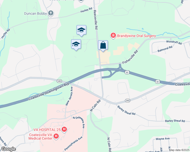 map of restaurants, bars, coffee shops, grocery stores, and more near 40 Reeceville Road in Coatesville