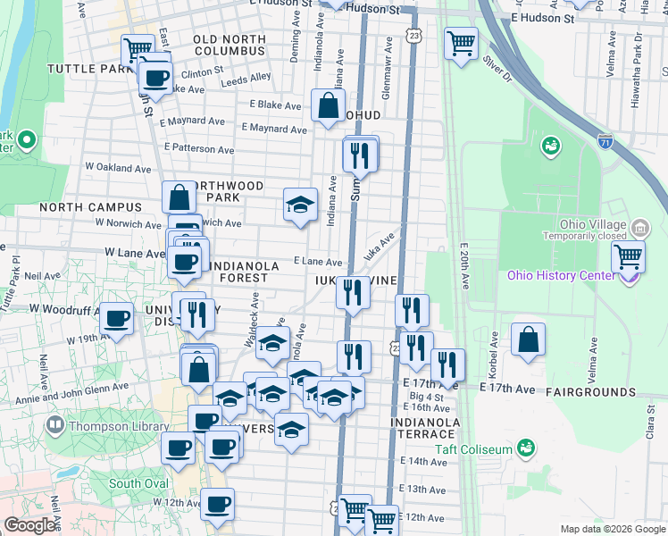 map of restaurants, bars, coffee shops, grocery stores, and more near in Columbus