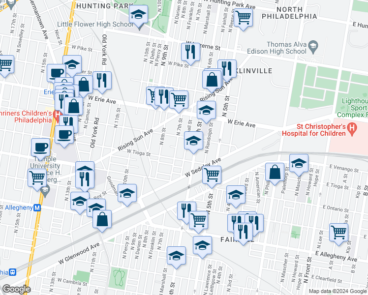 map of restaurants, bars, coffee shops, grocery stores, and more near 3536 North Marshall Street in Philadelphia