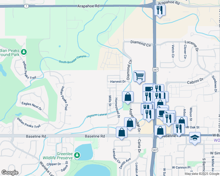 map of restaurants, bars, coffee shops, grocery stores, and more near Greenlee Way in Lafayette