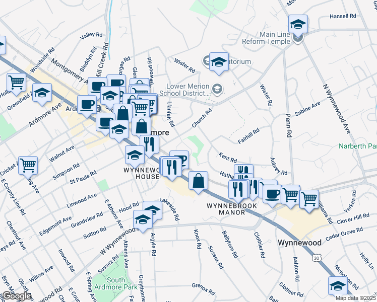 map of restaurants, bars, coffee shops, grocery stores, and more near 30 Llanfair Circle in Ardmore