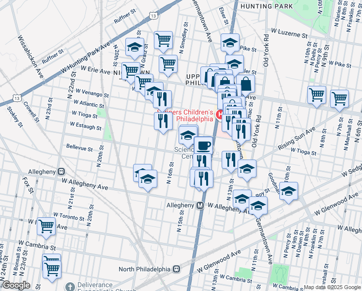 map of restaurants, bars, coffee shops, grocery stores, and more near 3416 North Sydenham Street in Philadelphia
