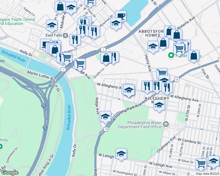 map of restaurants, bars, coffee shops, grocery stores, and more near 3114 North Shedwick Street in Philadelphia