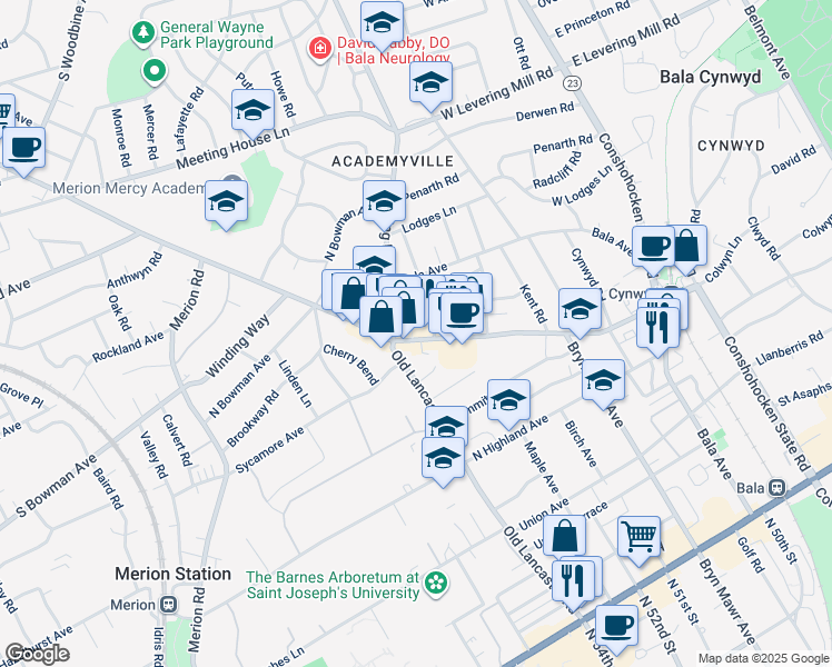 map of restaurants, bars, coffee shops, grocery stores, and more near 152 Montgomery Avenue in Bala Cynwyd
