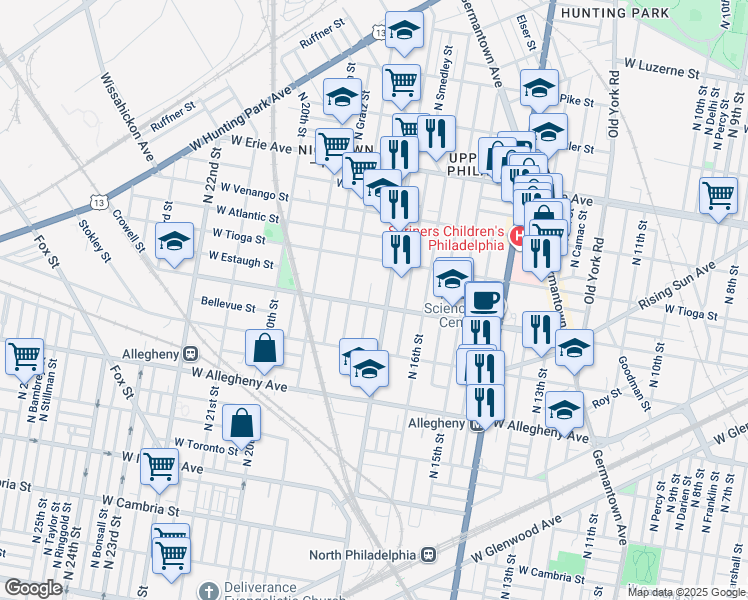 map of restaurants, bars, coffee shops, grocery stores, and more near 1719 West Ontario Street in Philadelphia