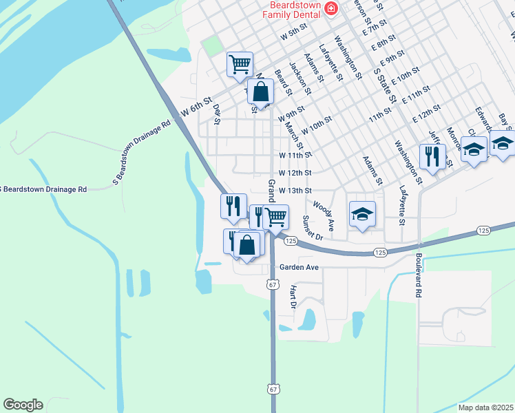 map of restaurants, bars, coffee shops, grocery stores, and more near 1 Frank Wessel Drive in Beardstown