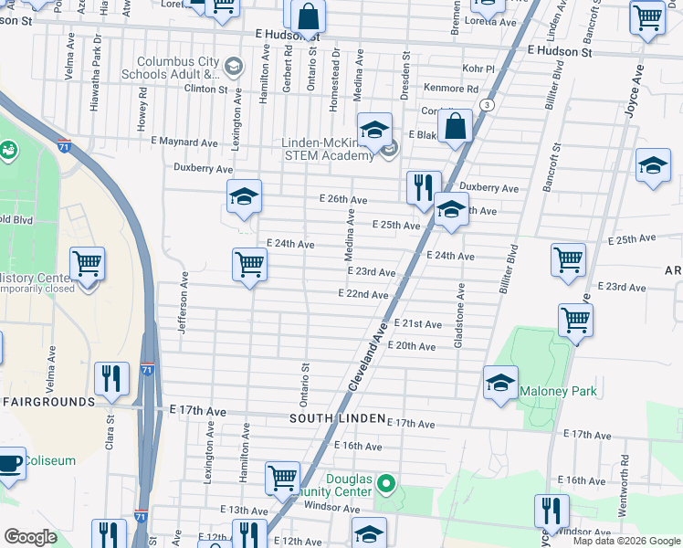map of restaurants, bars, coffee shops, grocery stores, and more near 1235 East 23rd Avenue in Columbus