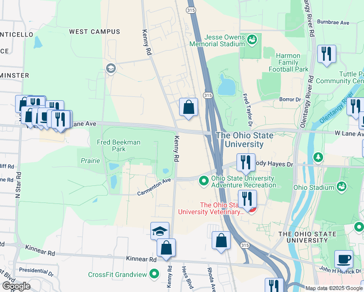 map of restaurants, bars, coffee shops, grocery stores, and more near 2173 Gromwell Drive in Columbus