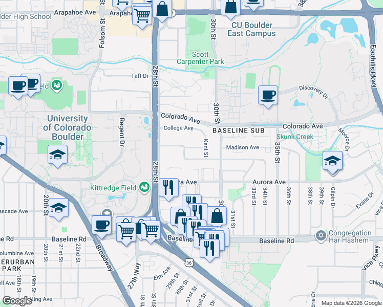 map of restaurants, bars, coffee shops, grocery stores, and more near 1025 Adams Circle in Boulder