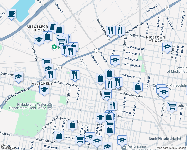 map of restaurants, bars, coffee shops, grocery stores, and more near 3203 Fox Street in Philadelphia