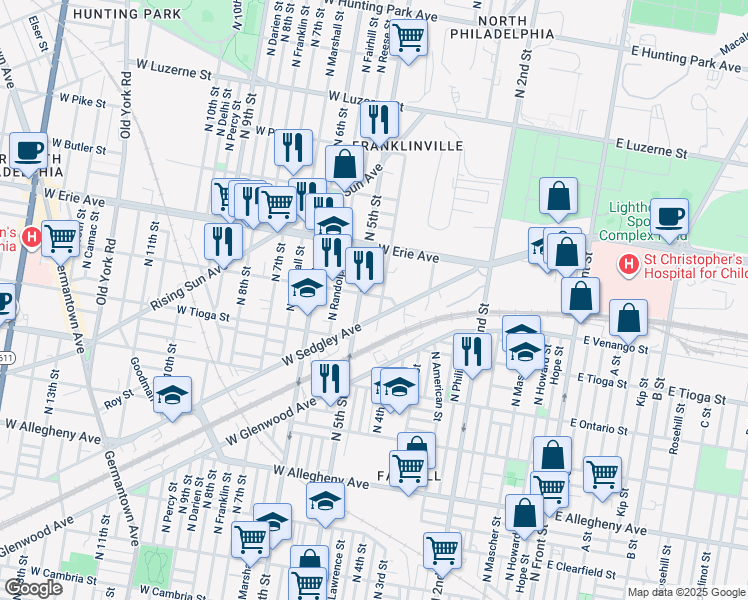 map of restaurants, bars, coffee shops, grocery stores, and more near 438 West Venango Street in Philadelphia