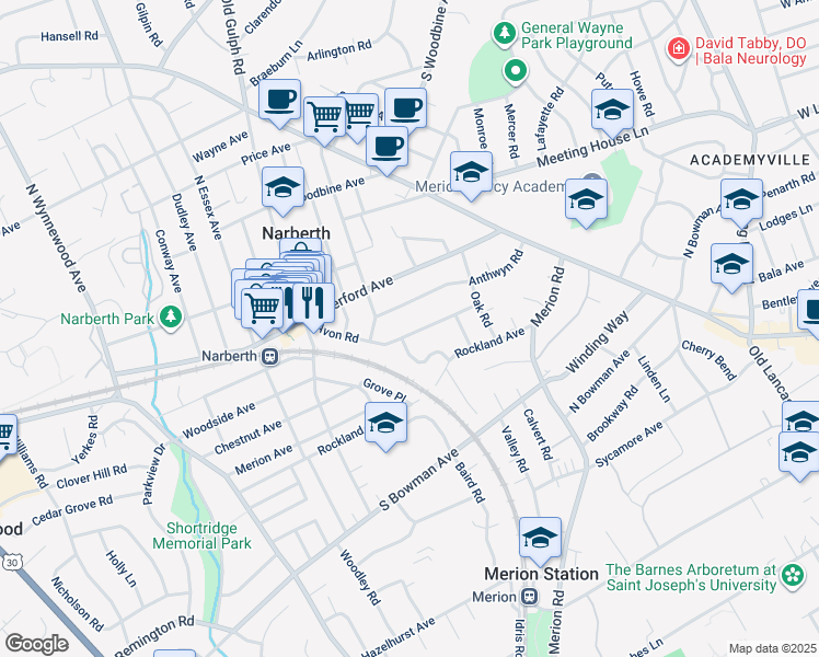 map of restaurants, bars, coffee shops, grocery stores, and more near 205 Avon Road in Narberth