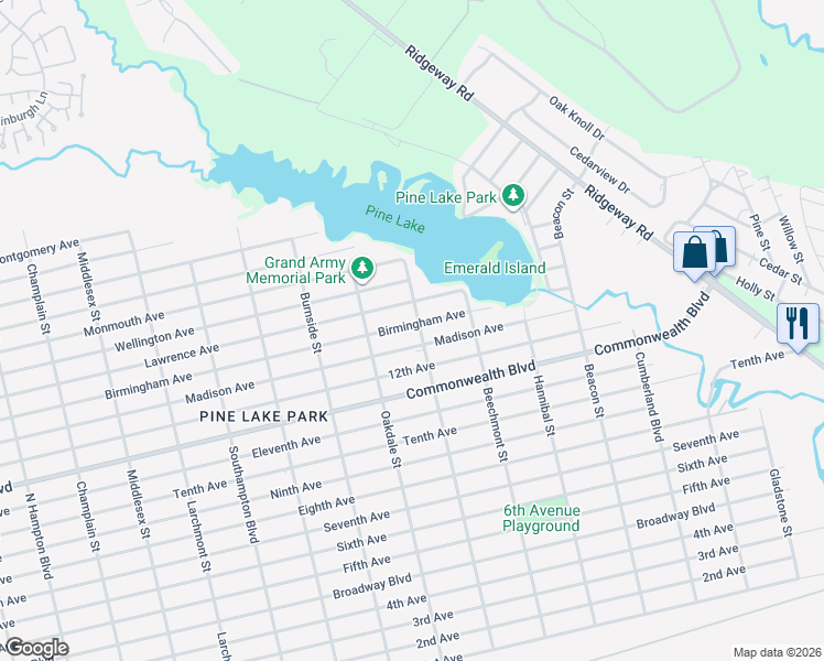 map of restaurants, bars, coffee shops, grocery stores, and more near 1213 Parkview Boulevard in Toms River