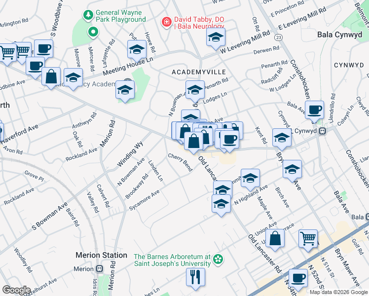 map of restaurants, bars, coffee shops, grocery stores, and more near 337 Cherry Bend in Merion Station