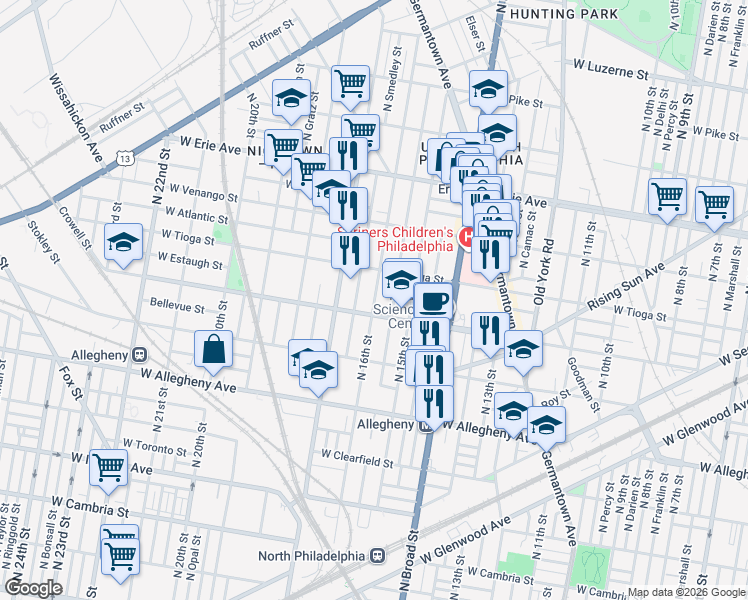 map of restaurants, bars, coffee shops, grocery stores, and more near North 16th Street in Philadelphia