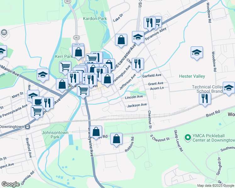 map of restaurants, bars, coffee shops, grocery stores, and more near 261 Jefferson Avenue in Downingtown