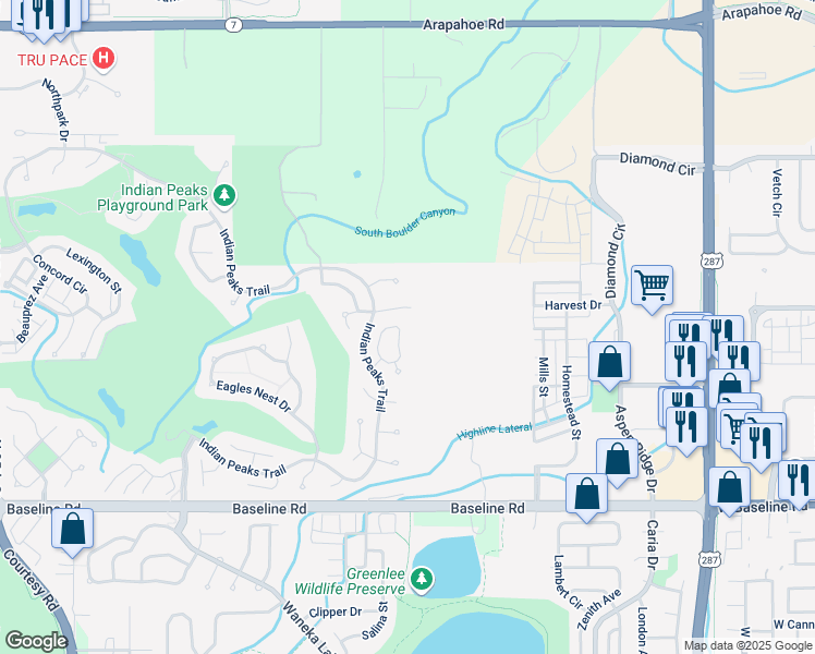 map of restaurants, bars, coffee shops, grocery stores, and more near 565 Brainard Circle in Lafayette