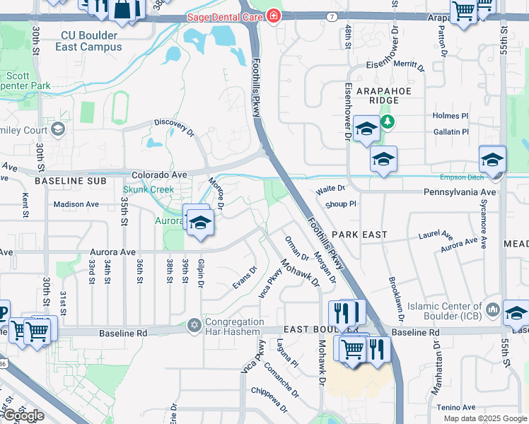 map of restaurants, bars, coffee shops, grocery stores, and more near 4330 Monroe Drive in Boulder