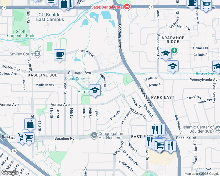 map of restaurants, bars, coffee shops, grocery stores, and more near 4222 Monroe Drive in Boulder