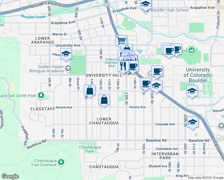 map of restaurants, bars, coffee shops, grocery stores, and more near 965 11th Street in Boulder