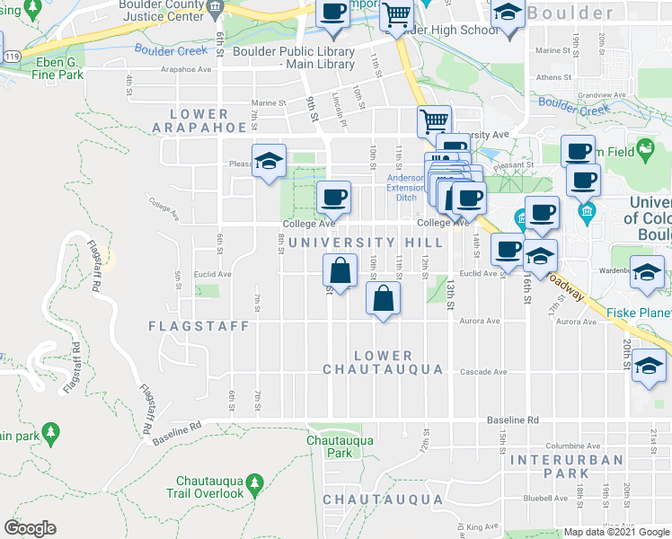 map of restaurants, bars, coffee shops, grocery stores, and more near 968 9th Street in Boulder