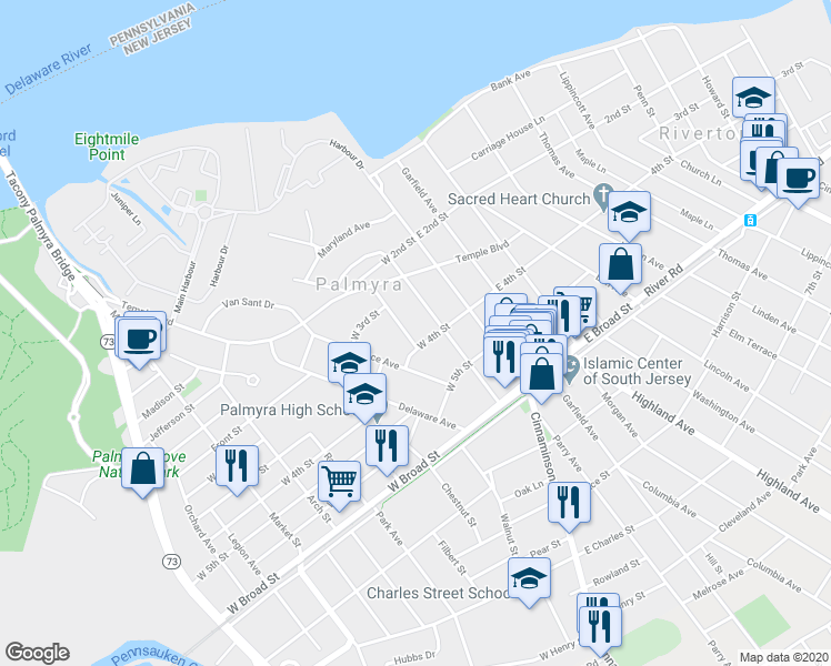 map of restaurants, bars, coffee shops, grocery stores, and more near 120 West 4th Street in Palmyra
