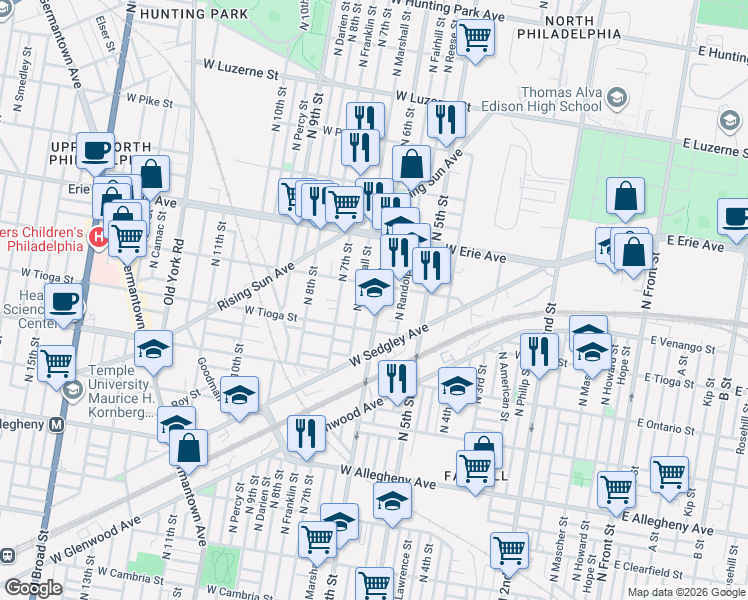 map of restaurants, bars, coffee shops, grocery stores, and more near 3514 North 6th Street in Philadelphia