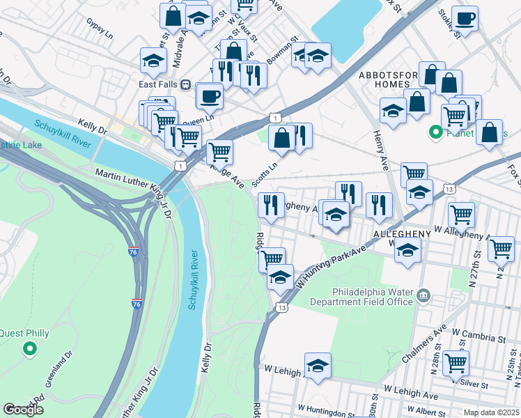 map of restaurants, bars, coffee shops, grocery stores, and more near 3901 Ridge Avenue in Philadelphia