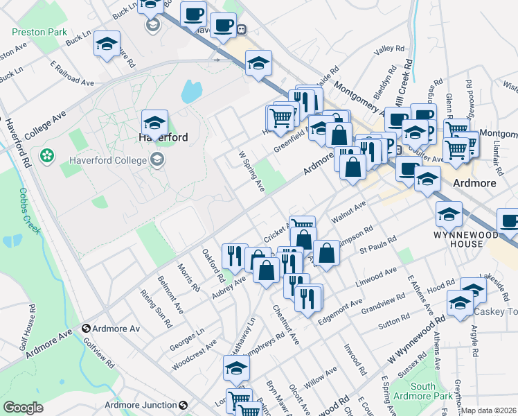 map of restaurants, bars, coffee shops, grocery stores, and more near 216 Maple Terrace in Ardmore