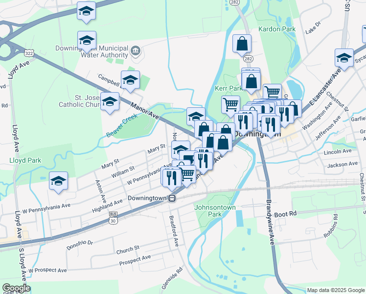 map of restaurants, bars, coffee shops, grocery stores, and more near 107 West Pennsylvania Avenue in Downingtown