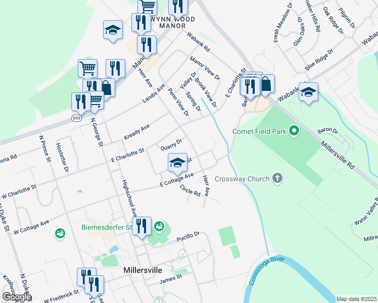 map of restaurants, bars, coffee shops, grocery stores, and more near 150 New Street in Millersville