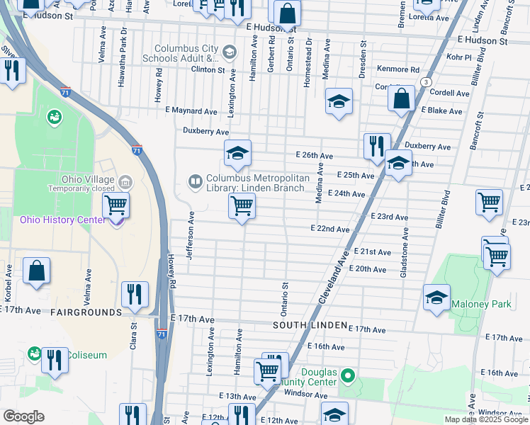 map of restaurants, bars, coffee shops, grocery stores, and more near 1123 East 22nd Avenue in Columbus