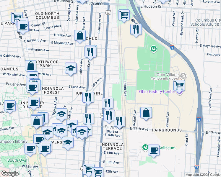 map of restaurants, bars, coffee shops, grocery stores, and more near 401 East Lane Avenue in Columbus