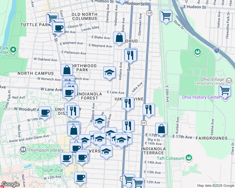 map of restaurants, bars, coffee shops, grocery stores, and more near in Columbus