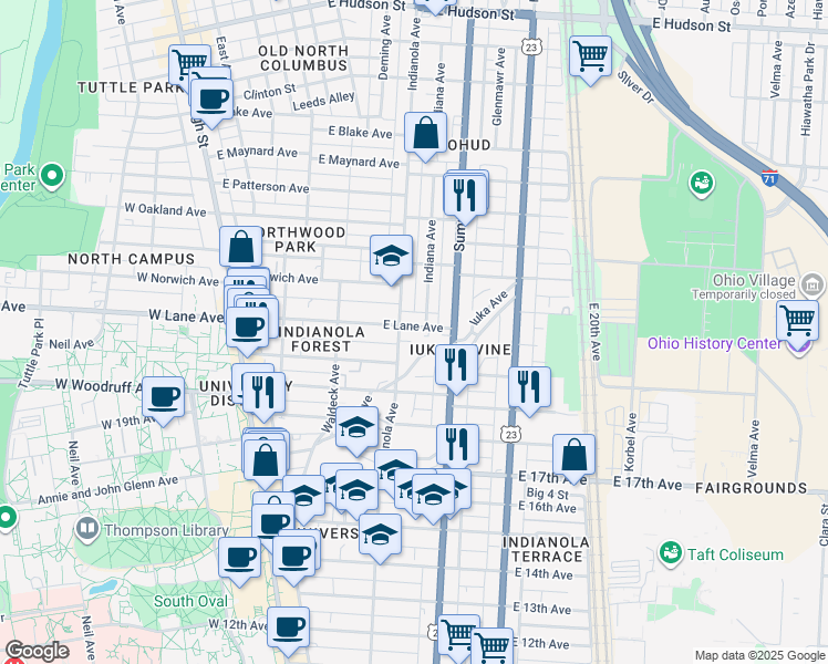map of restaurants, bars, coffee shops, grocery stores, and more near in Columbus