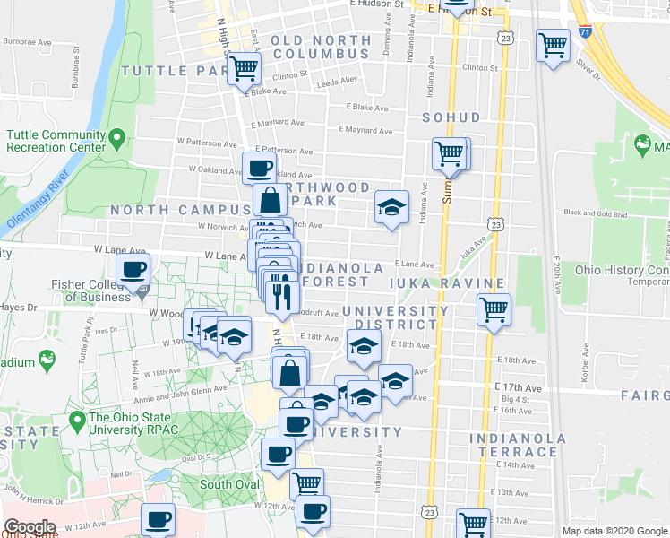 map of restaurants, bars, coffee shops, grocery stores, and more near in Columbus